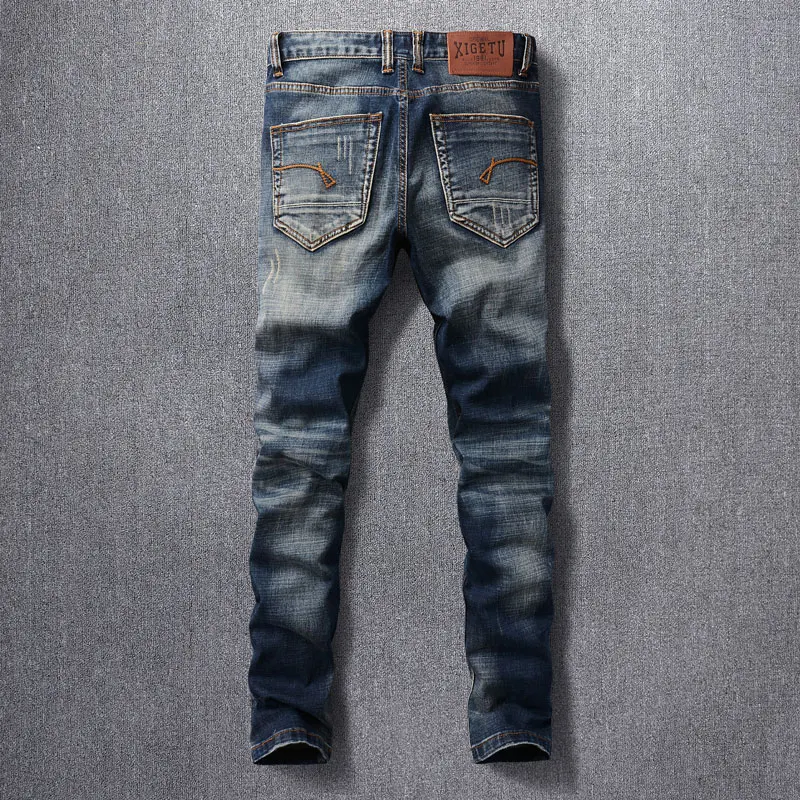 Italian Style Fashion Men Jeans Retro Washed Blue High Quality Stretch Slim Fit Ripped Jeans Men Vintage Designer Denim Pants
