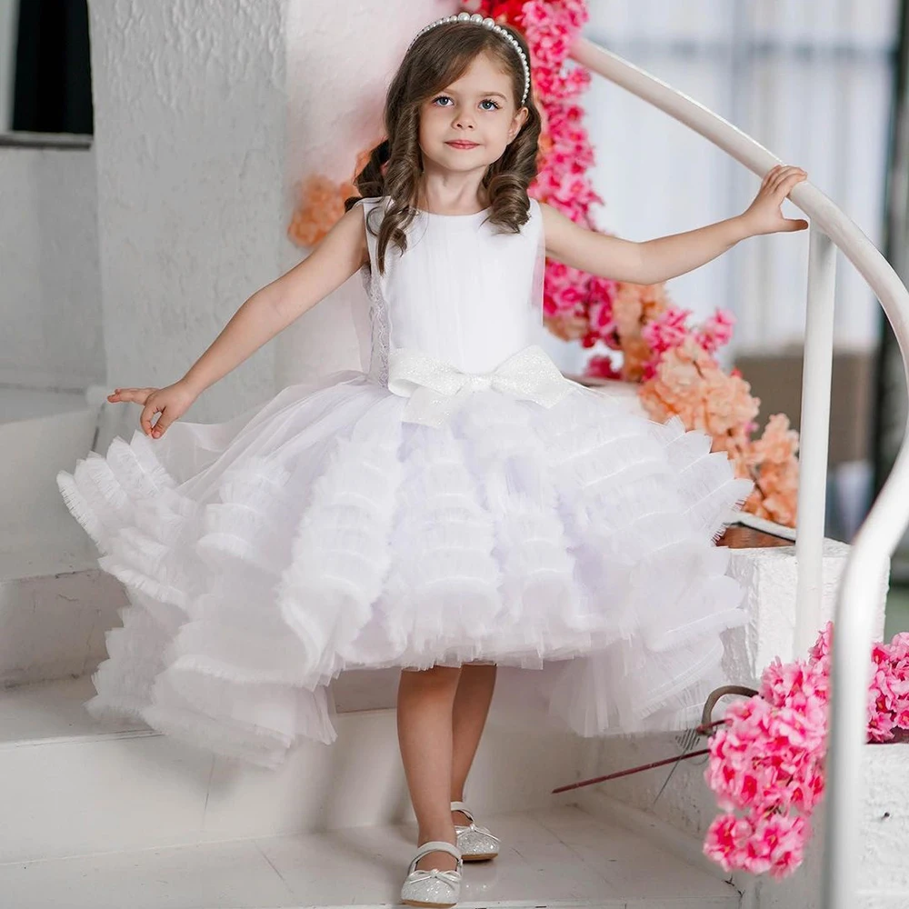 

2024 Jewel White Flower Girl Dresses High Low Kids Birthday Party Dress Child Pageant Prom Gown