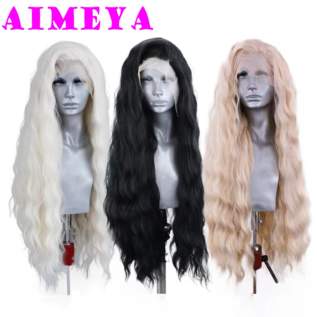 AIMEYA Platinum Wigs for Women Mix Blonde Synthetic Lace Front Wig Black Long Natural Wave Synthetic Hair Wig Daily Use Cosplay