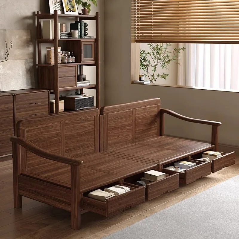 

Solid wood sofa New Chinese-style small apartment living room leather sofa Fabric Black walnut