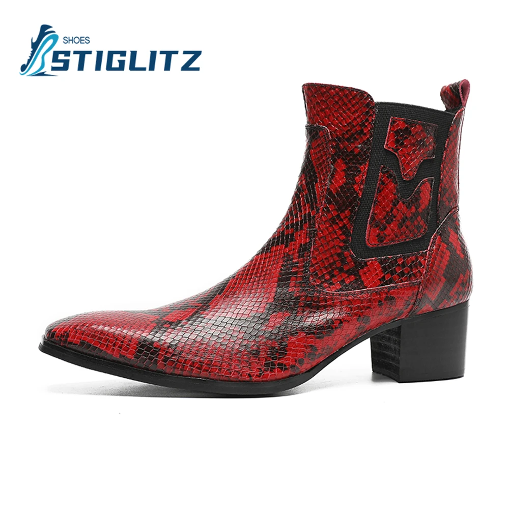 

Pointed Toe Square Heel Chelsea Ankle Boots Red Python Pattern Side Zip 6.5Cm Height Increasing Shoes Men's Leather Casual Shoes