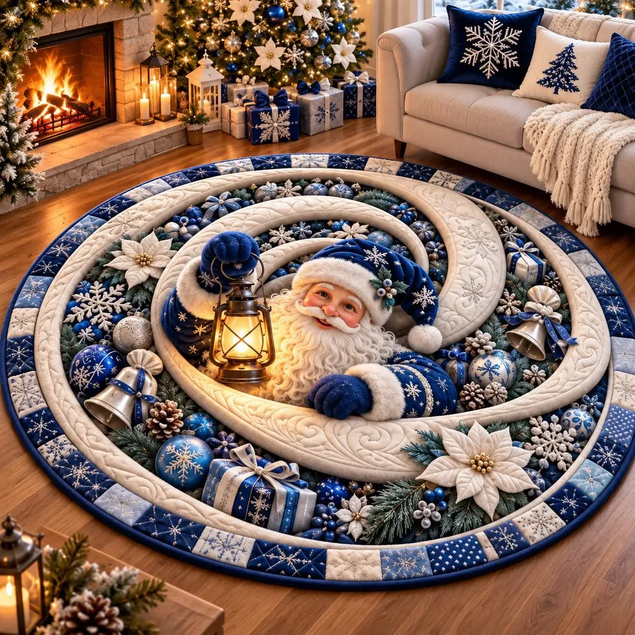 Vintage Blue Santa Lantern Christmas Circle rug Floor Mat White Snowflake Rug Luxury Home Living Room Bedroom Entryway Area Rug