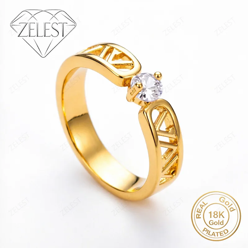

925 Sterling Silver 18K Gold Plated Delicate Numerical Openwork Zirconia Ring for Women, Fashion Party Gift Accessories Jewelry