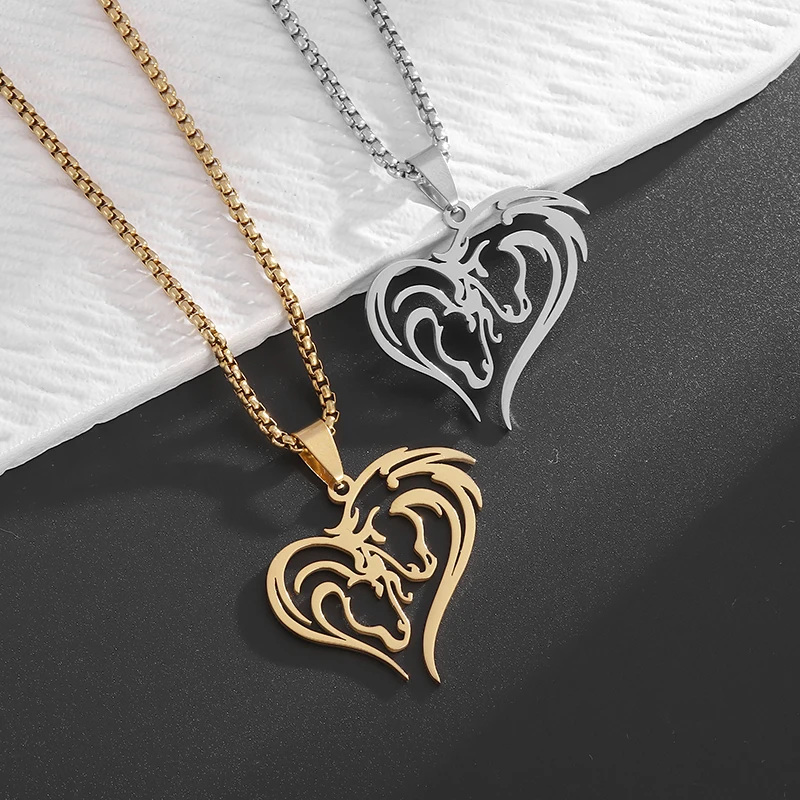 Stainless Steel Heart-Shaped Horse Head Animal Pendant Necklace for Men and Women Trendy Lucky Jewelry Couple Gift