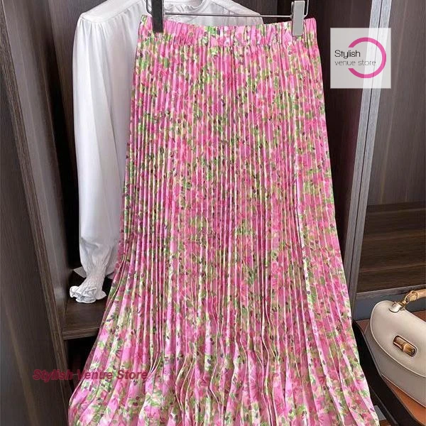Japanese pink floral pleated skirt female summer new fashion high waist slim skirt simple Issey Miyake pleated casual dress
