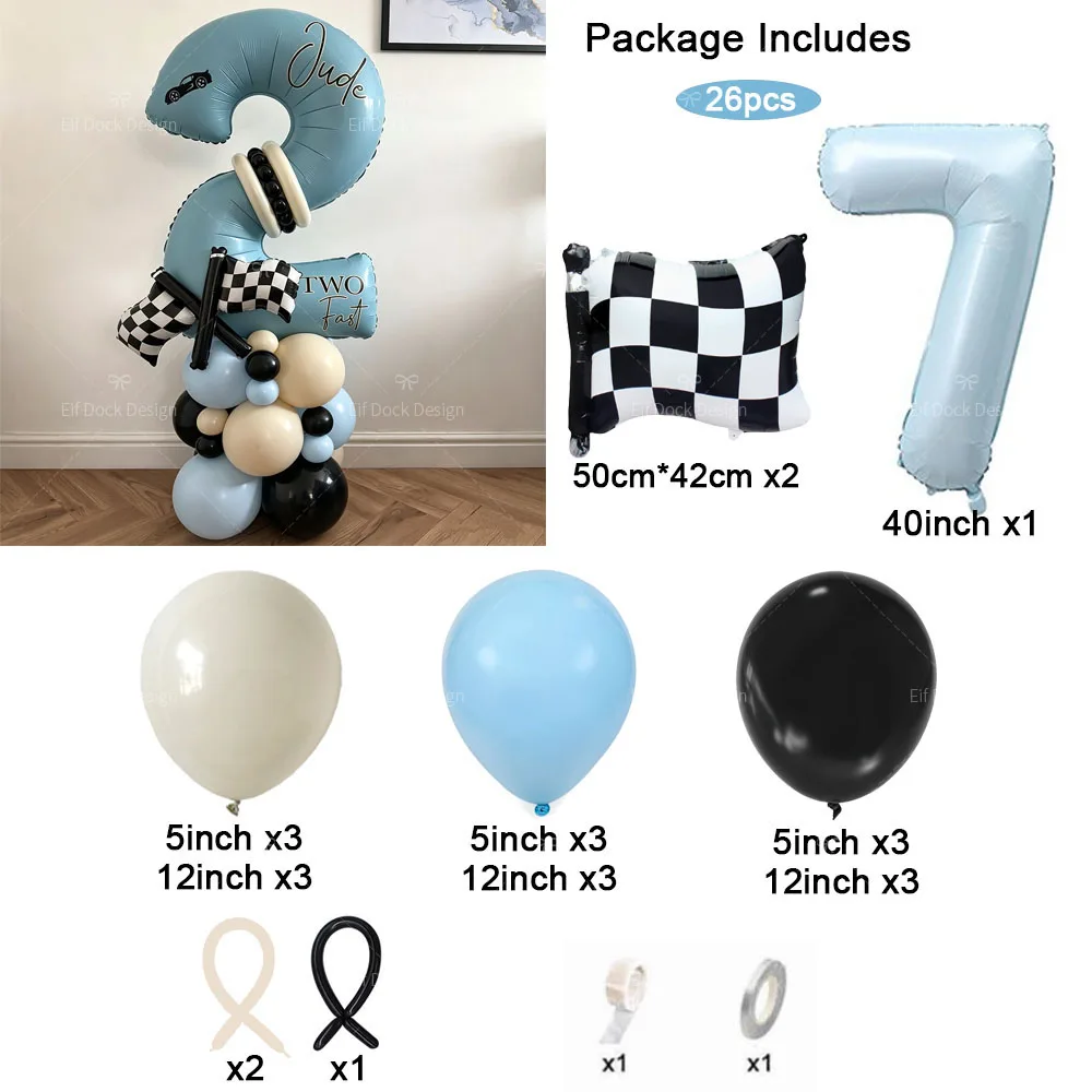 1 Set Rennflaggen-Ballon in Schwarz-Weiß-Kariert 40 Zoll Zahlenballons Two Fast Geburtstagsdekoration für Jungen Rennwagen-Party Geschenk – Detail 6