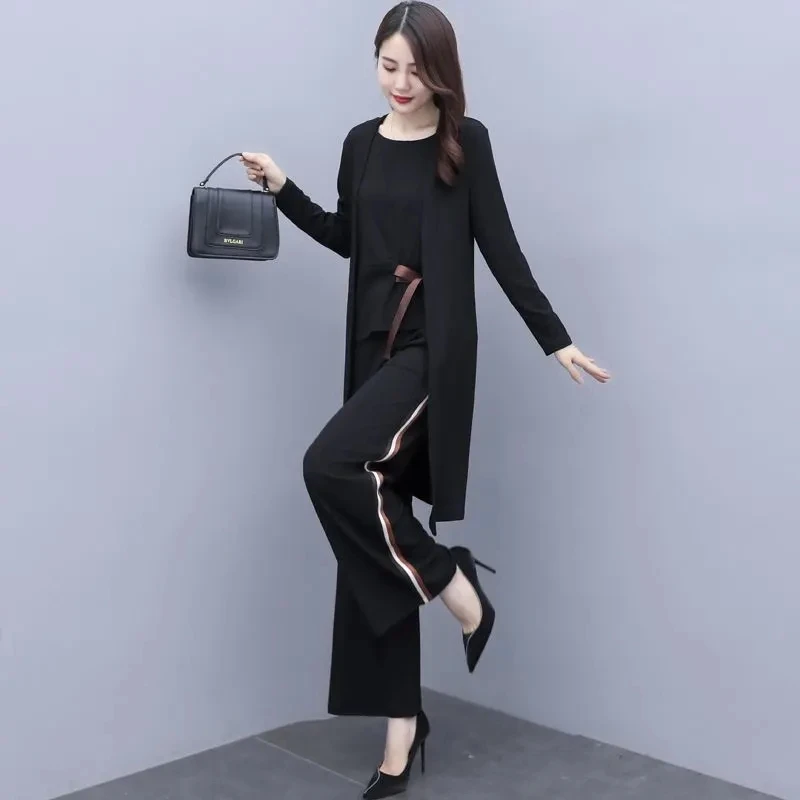 Single/Suit Women's New Long Cardigan Spring Autumn 2023 Temperament Slim Light Three-Piece Suit Female 3 PCS Pant Sets Elegant