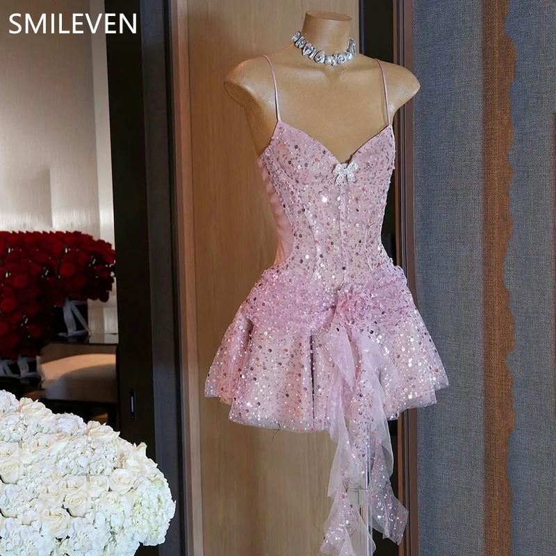 Smileven A-line Mini Shiny Glitter Prom Dress Backless Party Gowns V-Neck Length Formal Evening Dress Customized 2025