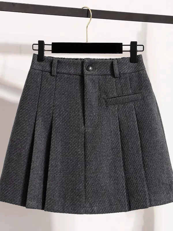 

Шерстяная юбка А-силуэта с высокой талией для женщин, для фигуры типа «груша», осенне-зимняя, больших размеров, плиссированная, стройнящая