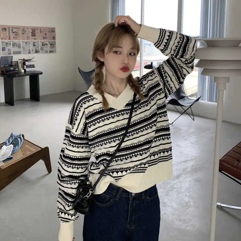 

Patchwork Pullovers Women V-neck Vintage Chic Students Autumn Knitwear Loose Long Sleeve Warm Soft New Sweaters Teens All-match