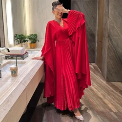 Carolina V-Neck Satin Pleated Evening Dresses Flare Sleeves Red Floor Length Zipper Back Robe De Mariée Party Gown Women