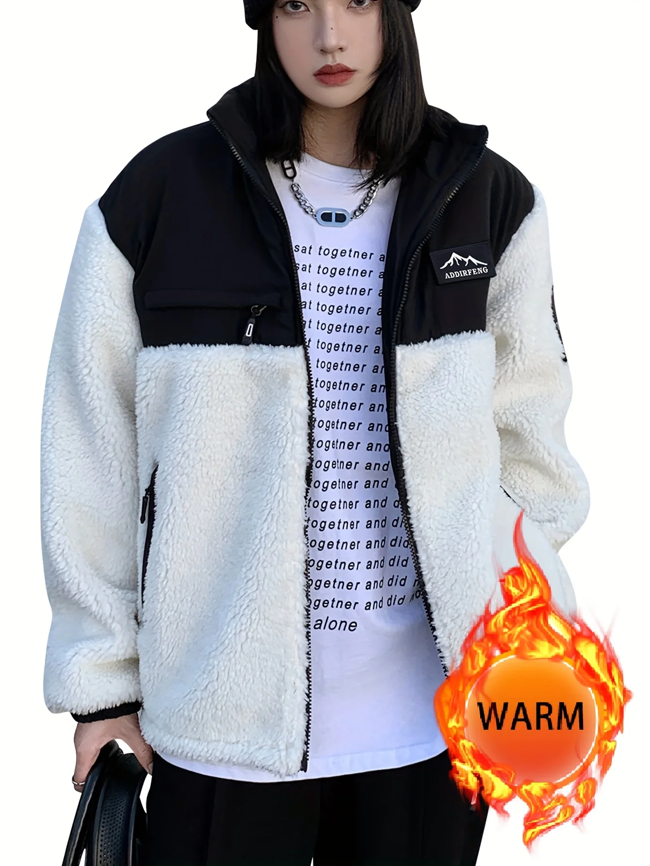 

Women's Lamb Fleece Zipper Jacket Black and White Patchwork Wool Coat 2025 Autumn/Winter Warm Loose Jacket with Mountain Badge