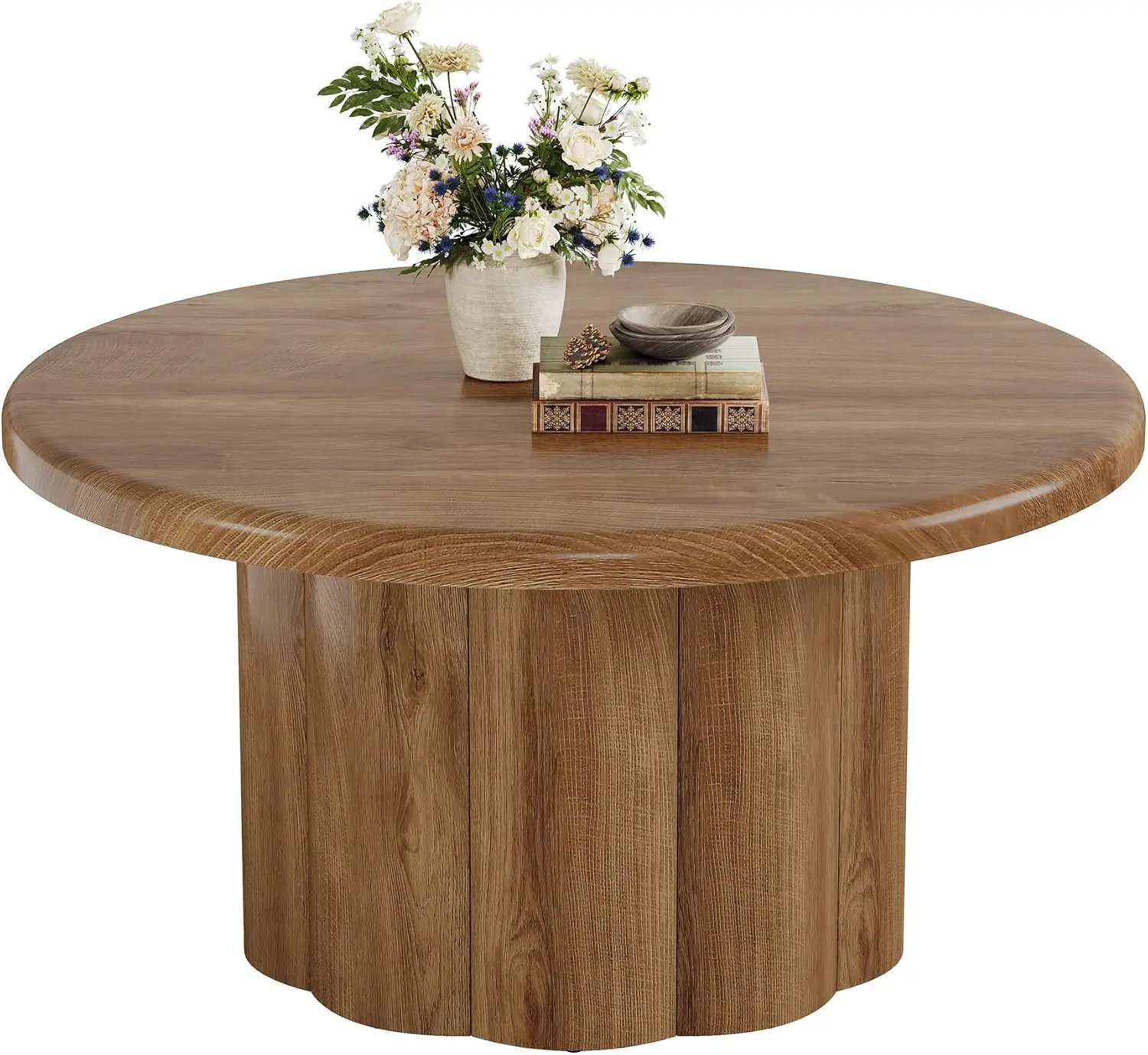 Round Coffee Table Farmhouse Circle Center Cocktail Table With Fluted Drum Base Wooden Living Room Table Accent Furniture For Apartment Small Space Brown