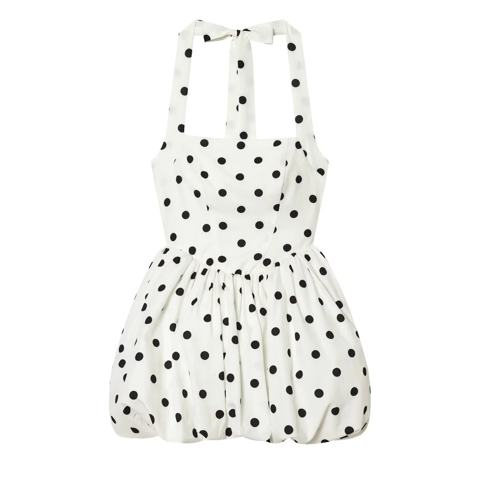 Damenmode Neckholder-Kleid Weiß Schwarz mit Polka-Dot-Print Lässiges Neckholder-Kleid mit Rückenbindung und Puffsaum Mini-Kleid für Frauen LE11