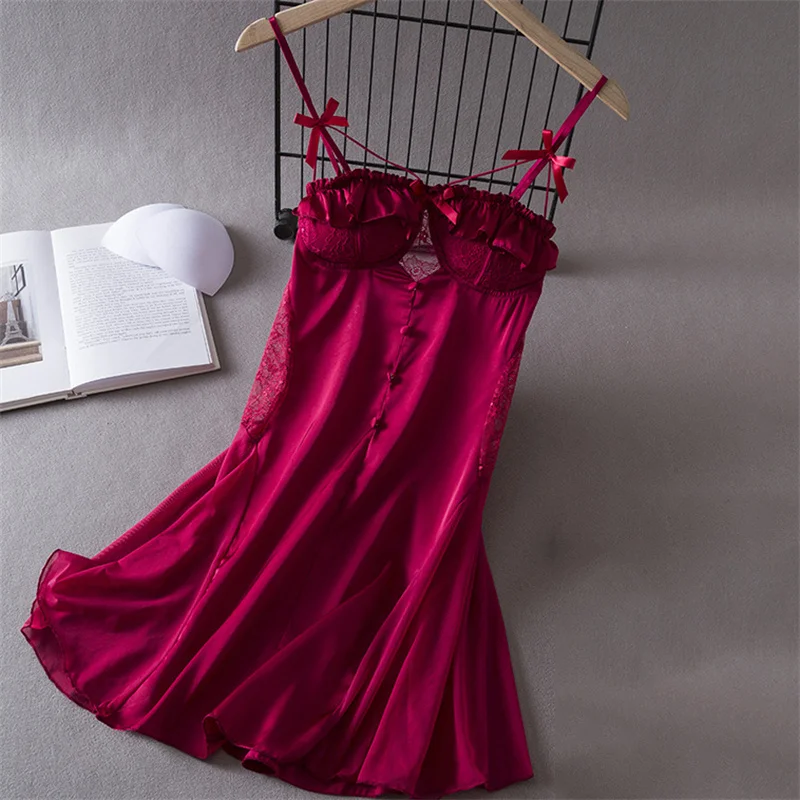 Sexy Patchwork Lace Suspender Nightgown New Summer Female Mini Nightdress Chemise Sleepwear Loose Silk Satin Home Wear Lingerie