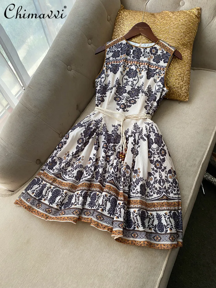 

American Elegant Fashion Print Embroidery Round Neck Sleeveless High Waist A-line Temperament Short Dress For Women Summer 2026
