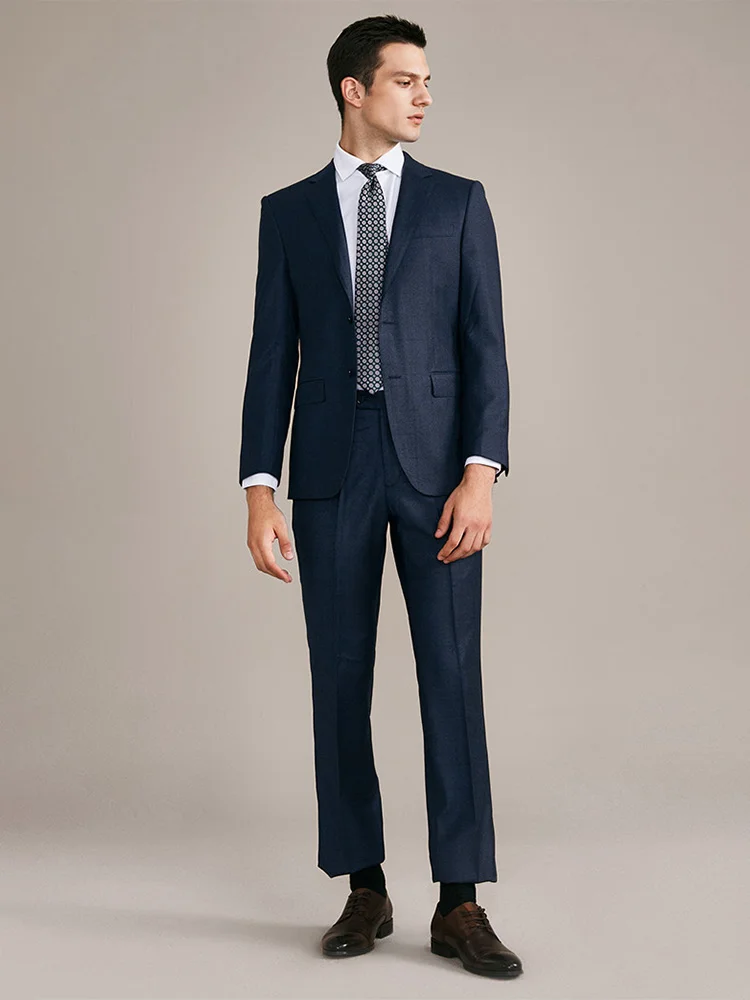 Men Luxury Suits Set 88.8% Wool 7% Cashmere 4.2% Silk High Quality Deep Blue Plaid Blazer Pant Slim Fit Wedding Groom Wear 44A