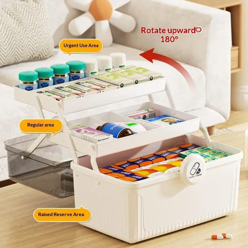 3 Tier Foldable Medicine Organizer Space Saving Multi Compartments First Aid Storage Container for Home Office Use view 4