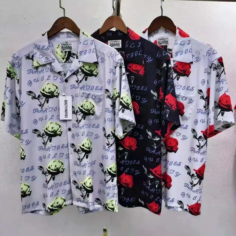 

Rose Full Print Hawaii Shirt Men Woman 1:1 High Quality Chaopai Lovers Open Collar Loose Casual Short Sleeve T-shirt