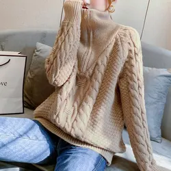 Casual Loose Solid Color Turtleneck Jumpers 2024 Autumn Winter Thick Warm Stylish Zipper Chic Jacquard Weave Knitted Sweaters