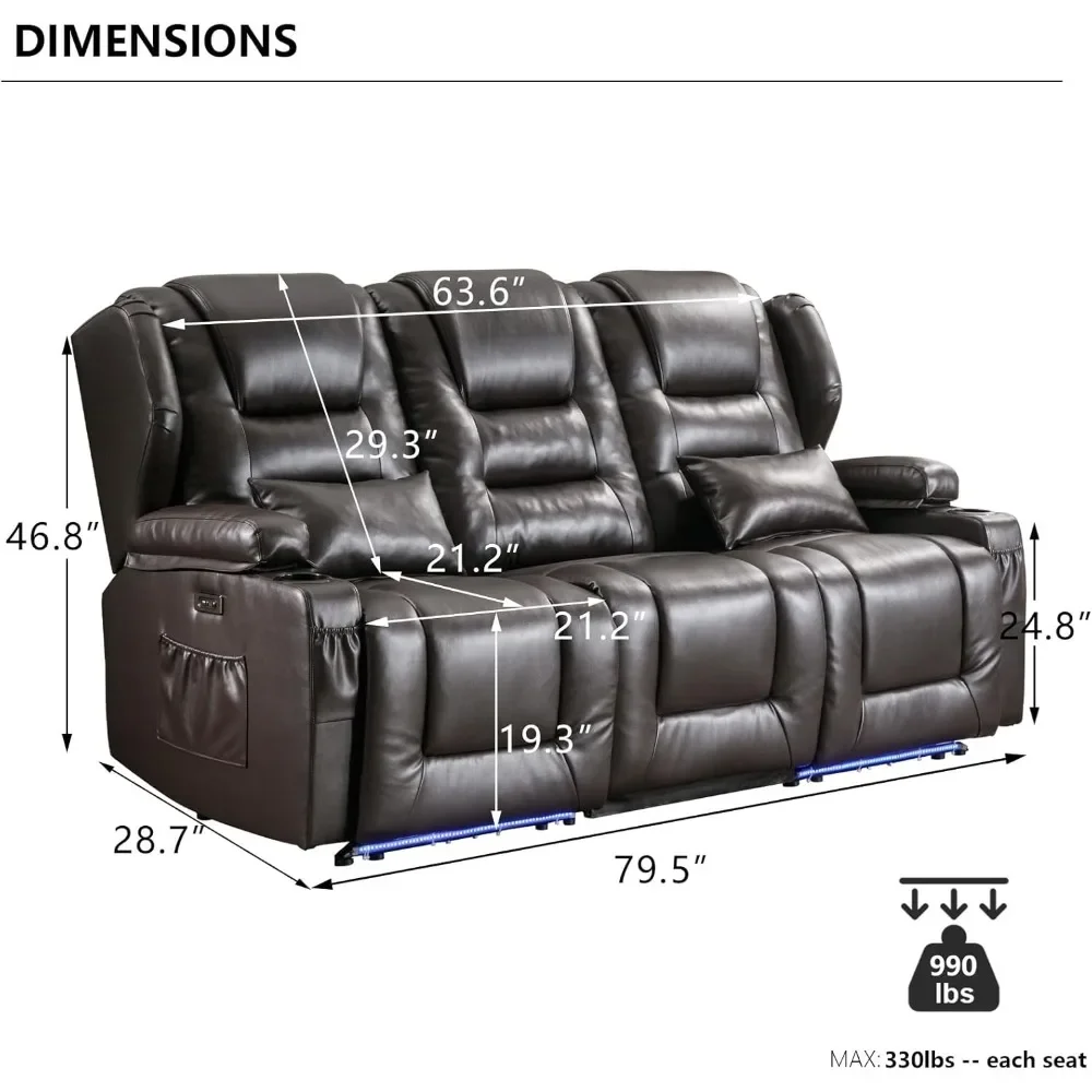 3 Seater Recliner Sofa Power Reclining Sofa with Console Wall Recliners RV Home Theater Seating with Flipped Middle Backrest