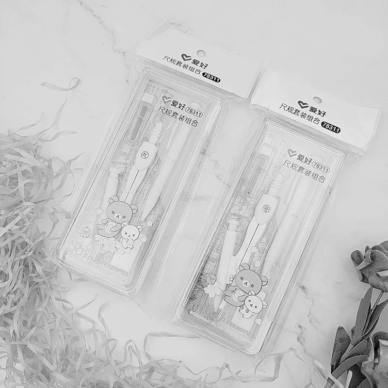 AIHAO 78311 Rilakkuma Metal Compass Ruler Triangle Ruler Set School Stationery For Junior Middle School Students