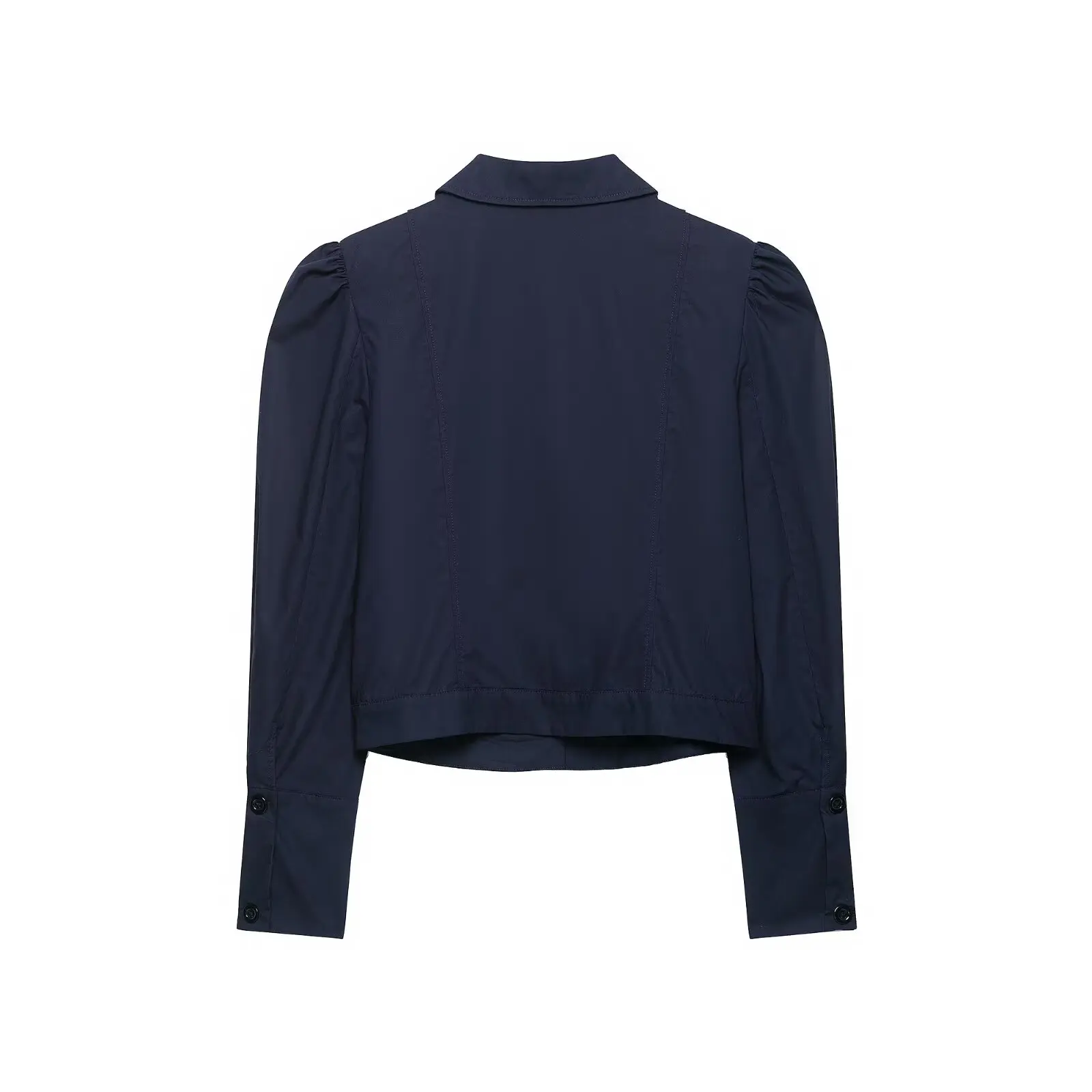BSAY 2026 French Chic Women Pleated Puff Shoulder Cropped Blazer Point Collar Button Front Long Sleeve Slim Casual Short Jacket