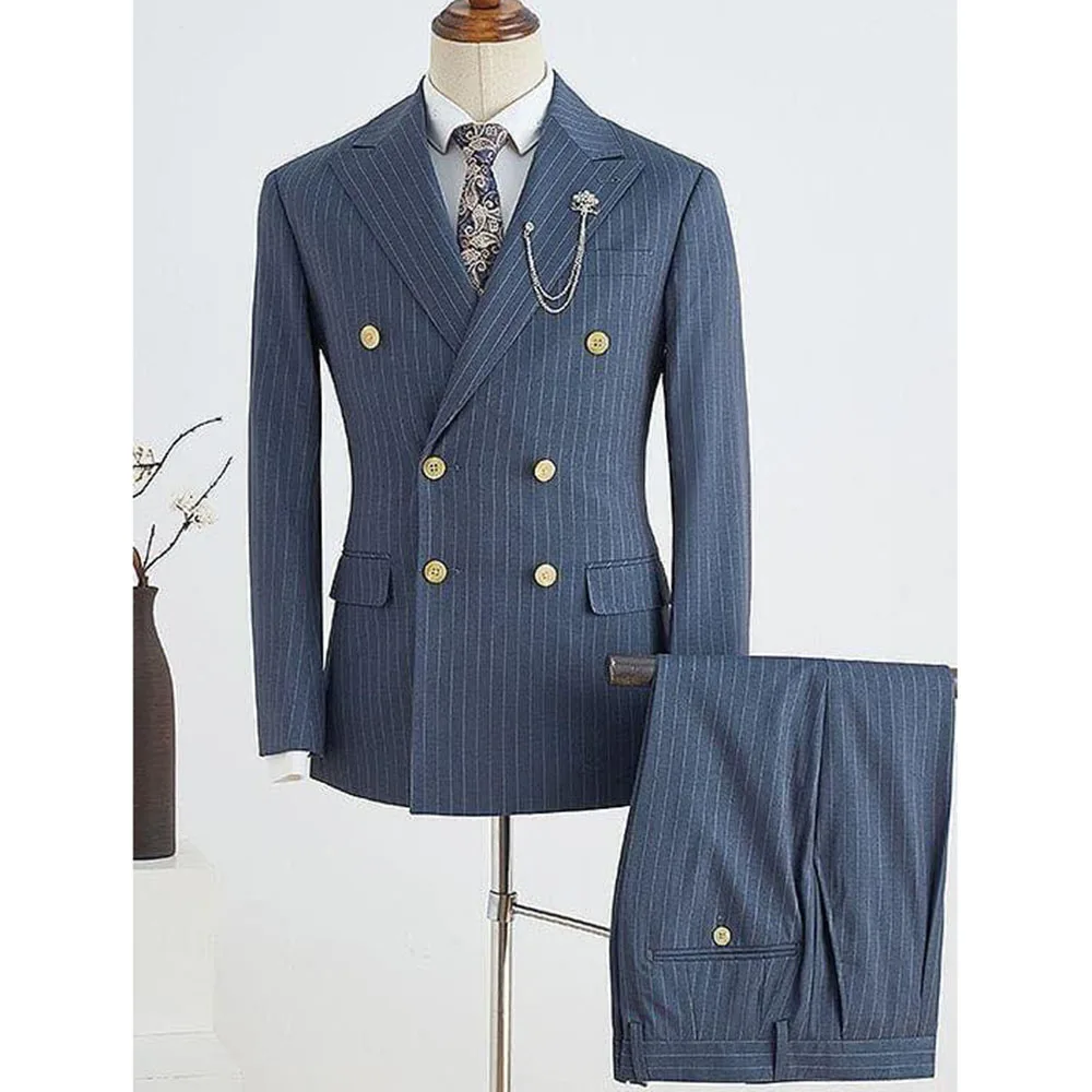 

Grid Men Suits Peak Lapel High Quality Double Breasted Fashion Celebrity Business Male Clothing Classic 2 Pieces Jacket Pants