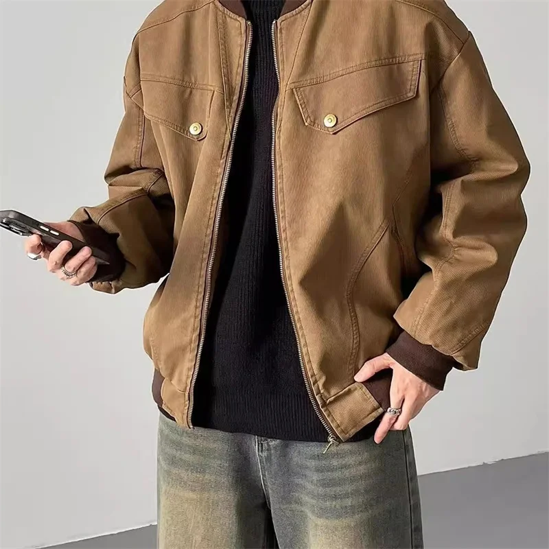 

Winter Korean Fashion Zipper Multi-pocket Jackets For Men High Street Retro Clean Fit Outerwear Coats Loose Y2K Baseball Jacket