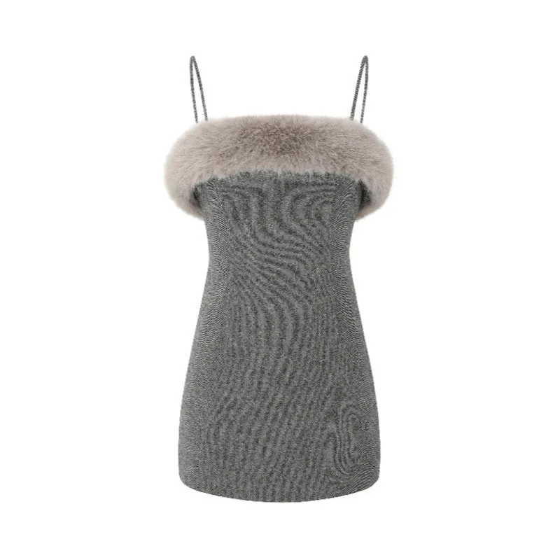 LEOSOXS 여성용 스파게티 스트랩 미니 드레스, 퍼리 칼라 디테일, 2025년 생일 행사 및 패션 모임에 완벽