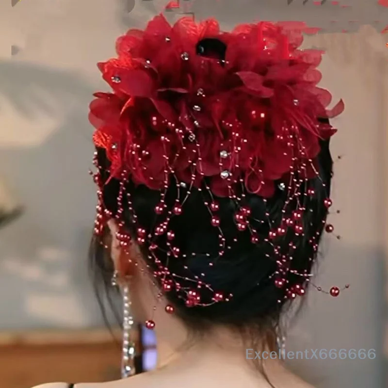 

Luxury Mesh Flower Pearl Tassel Hair Clip for Women Spring Festival Decoration Fluffy Shark Hair Accessory