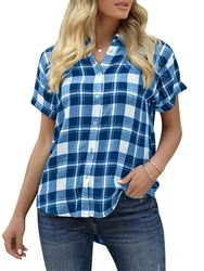 Spring And Summer Commuter Casual Women's Short Sleeve Blouse Lapel Button Down Shirt Plaid Printed Women's Short Sleeve Shirt