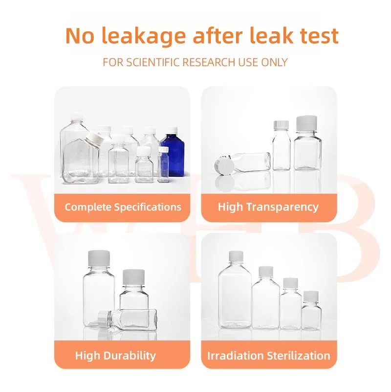 125/250/500/1000ml Medium Square Bottle PET Sterile Serum Bottles Medium Square Bottles With Sealing Cap Laboratory Supply Tools