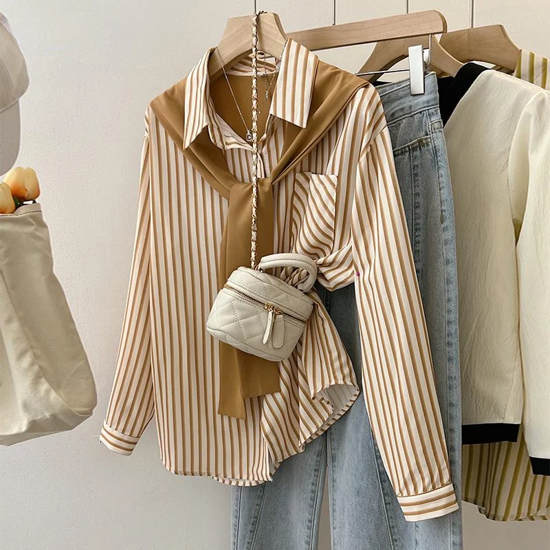 Loose Clothes 2024 Women Autumn Long Sleeve Elegant Bow Tie Shirts Casual Green Striped Shirts Blouses