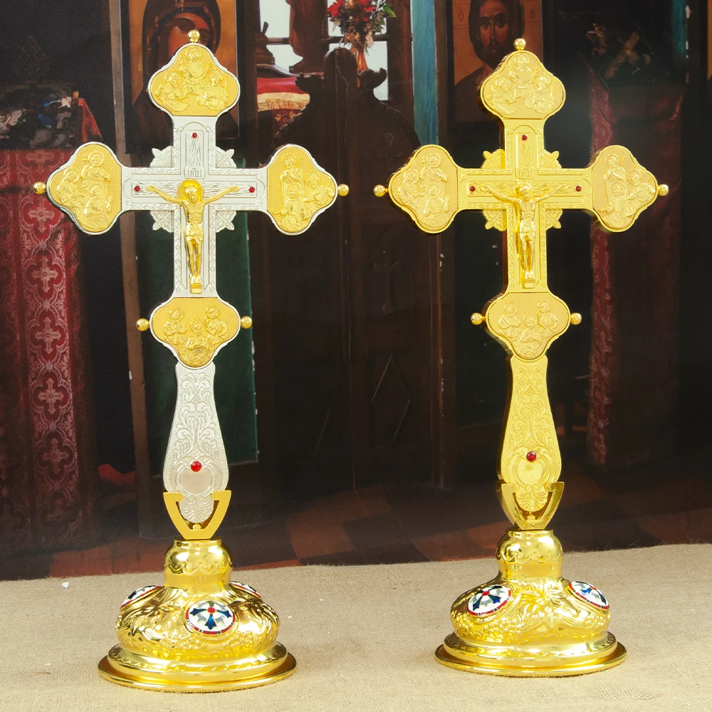 

HT Church Supplier Orthodox Jesus Standing Cross Religion Gift Prayer Blessing Cross With Base Altar Cross