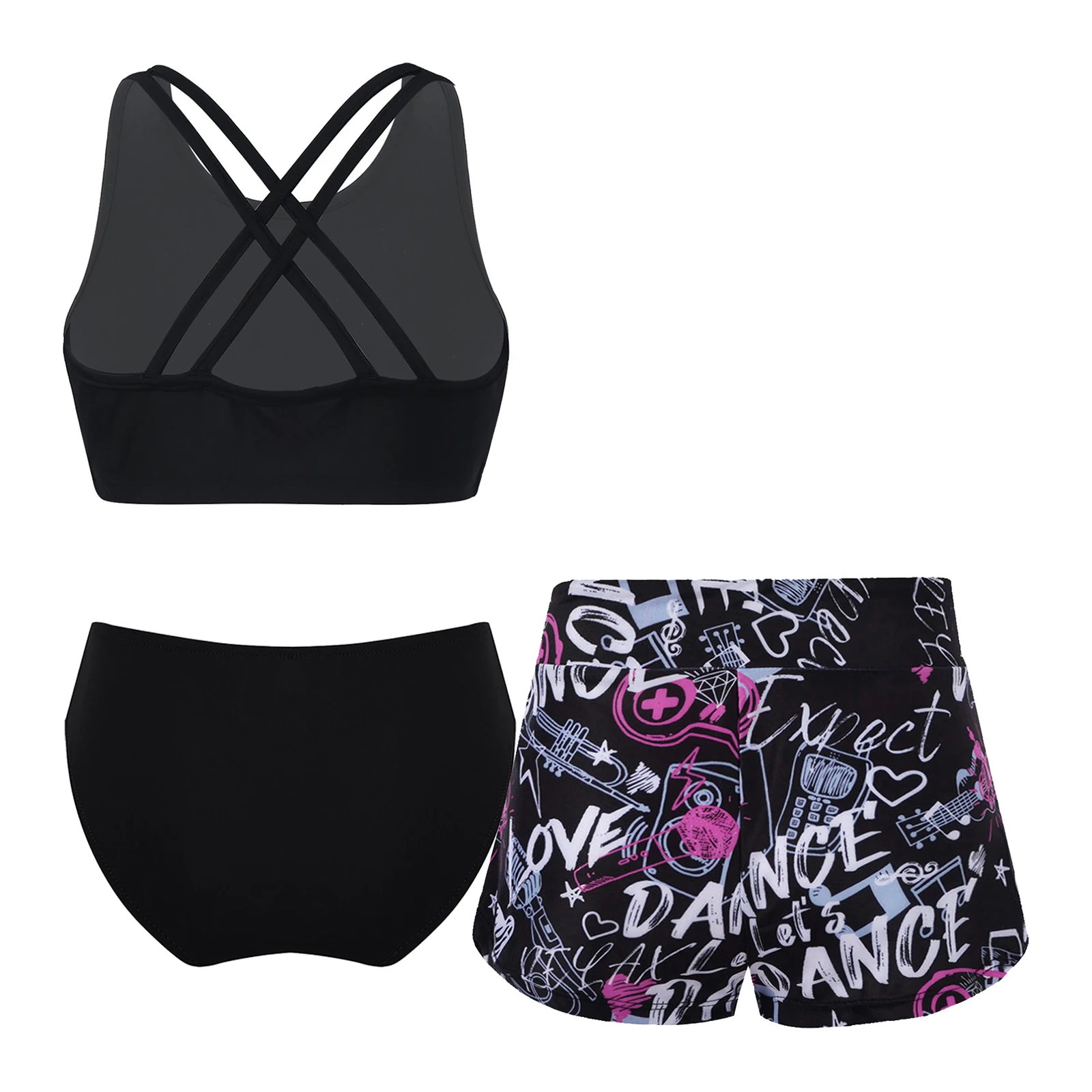 Kids Girls 3pcs Set Print Swimwear Cross Straps Crop Top with Shorts Briefs Swimwear Beach Pool Party Bathing Suit Rash Guard