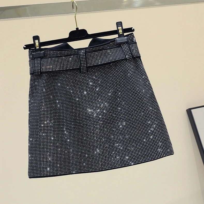 Faldas elegantes de cintura alta para mujer, faldas con incrustaciones de diamantes adelgazantes, estilo coreano, Falda corta negra a la cadera con