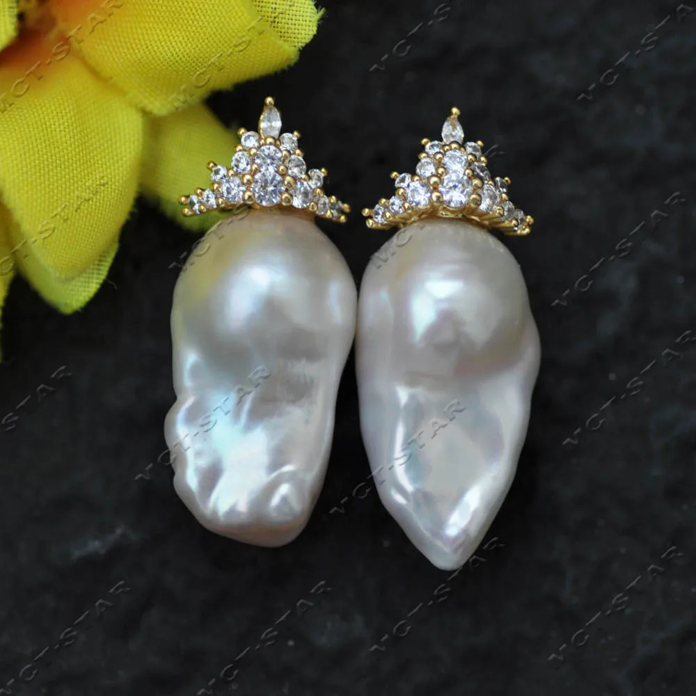Z14561 Set 23mm Golden Crown All CZ White Baroque Reborn Keshi Pearl Dangle Earring Pendant view 3