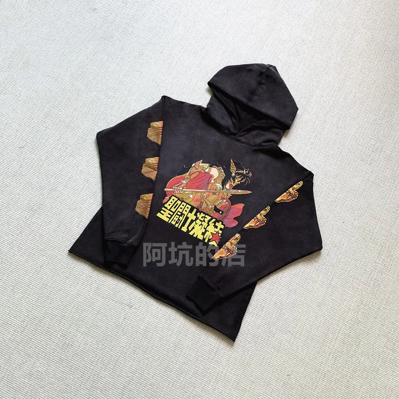 2025ss  Oversized Saint Michael Washed Black Hoodies Anime Printing Pure Cotton Hip Hop Sweatshirt