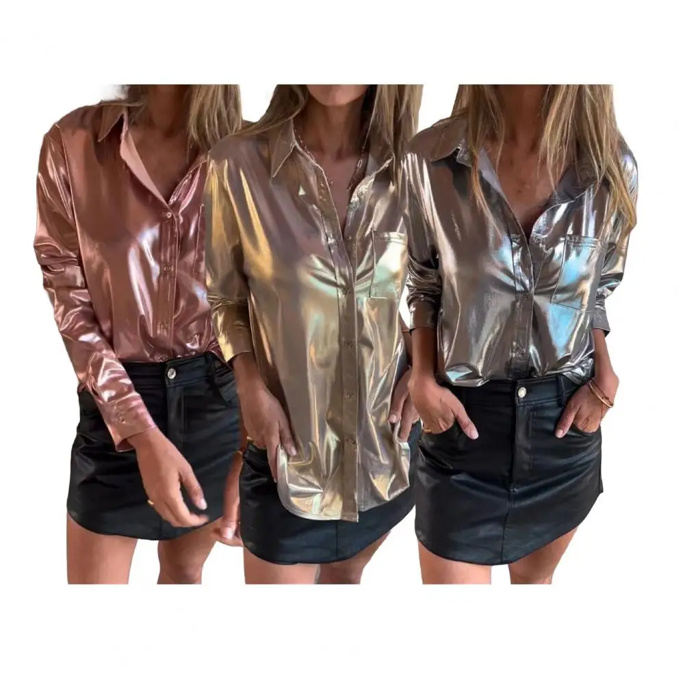 

Women Shirt Tops Lapel Long Sleeve Loose Fit Suede Casual Shirt with Patch Pocket Single Breasted Bright Color Shirt