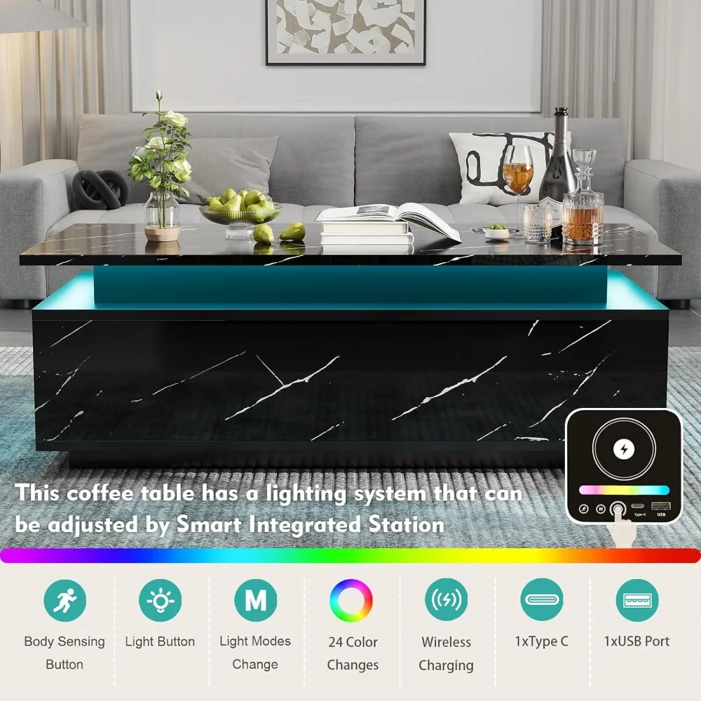 LED Coffee Table with Storage, Black Coffee Table with Wireless Charging and Speaker, High Glossy Modern Center Table with 24 Co