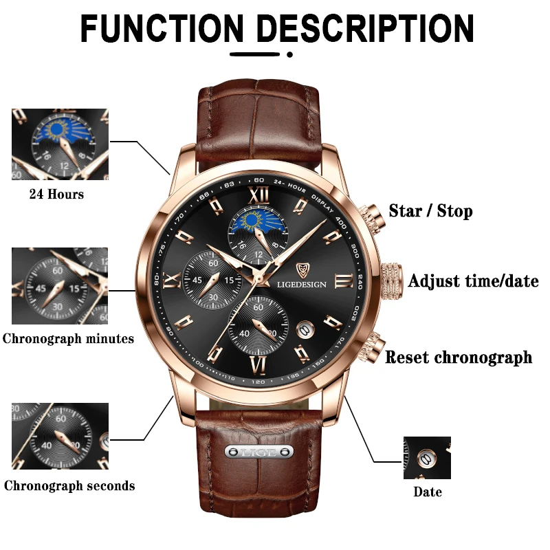 LIGE Man Watch Business Fashion Brand Luxury Leather Moon Phase Wristwatches Quartz Watches for Men Chronograph Waterproof Clock