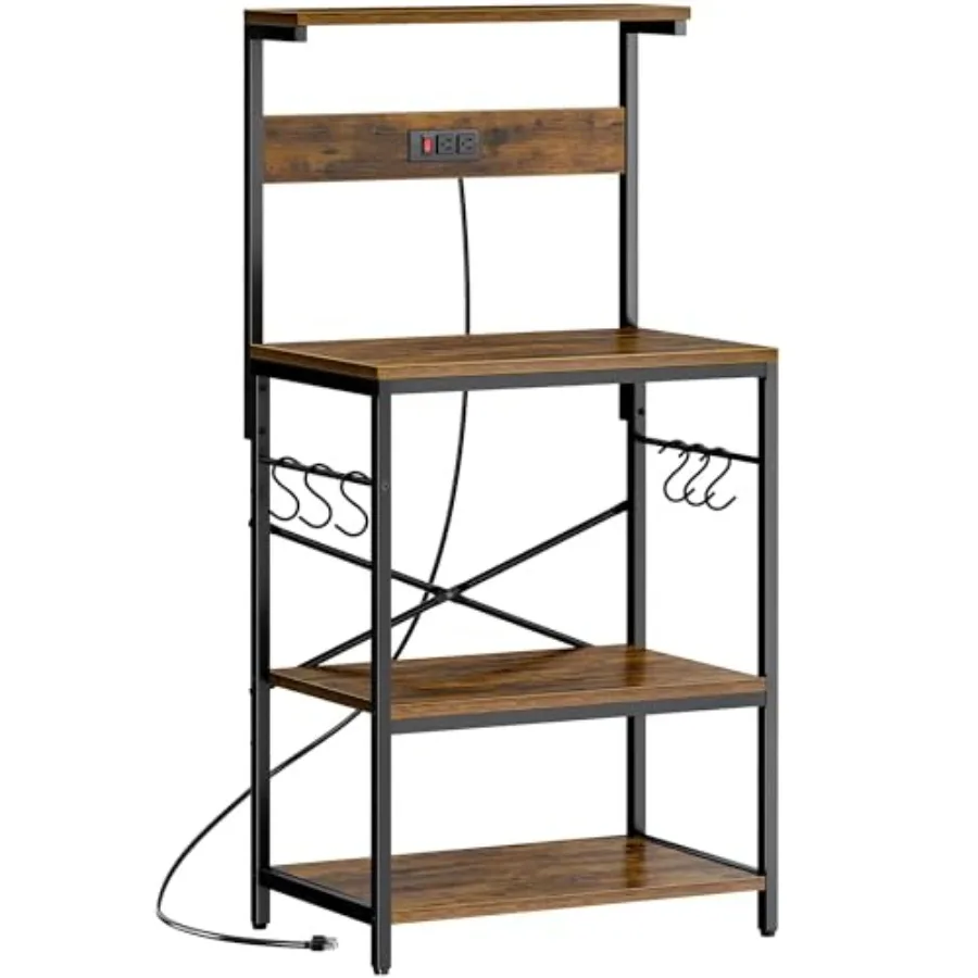 

Kitchen Bakers Rack with Power Outlet Coffee Bar Table 4 Tiers Kitchen Microwave Stand with 6 S-shaped Hooks Storage Shelf Rack