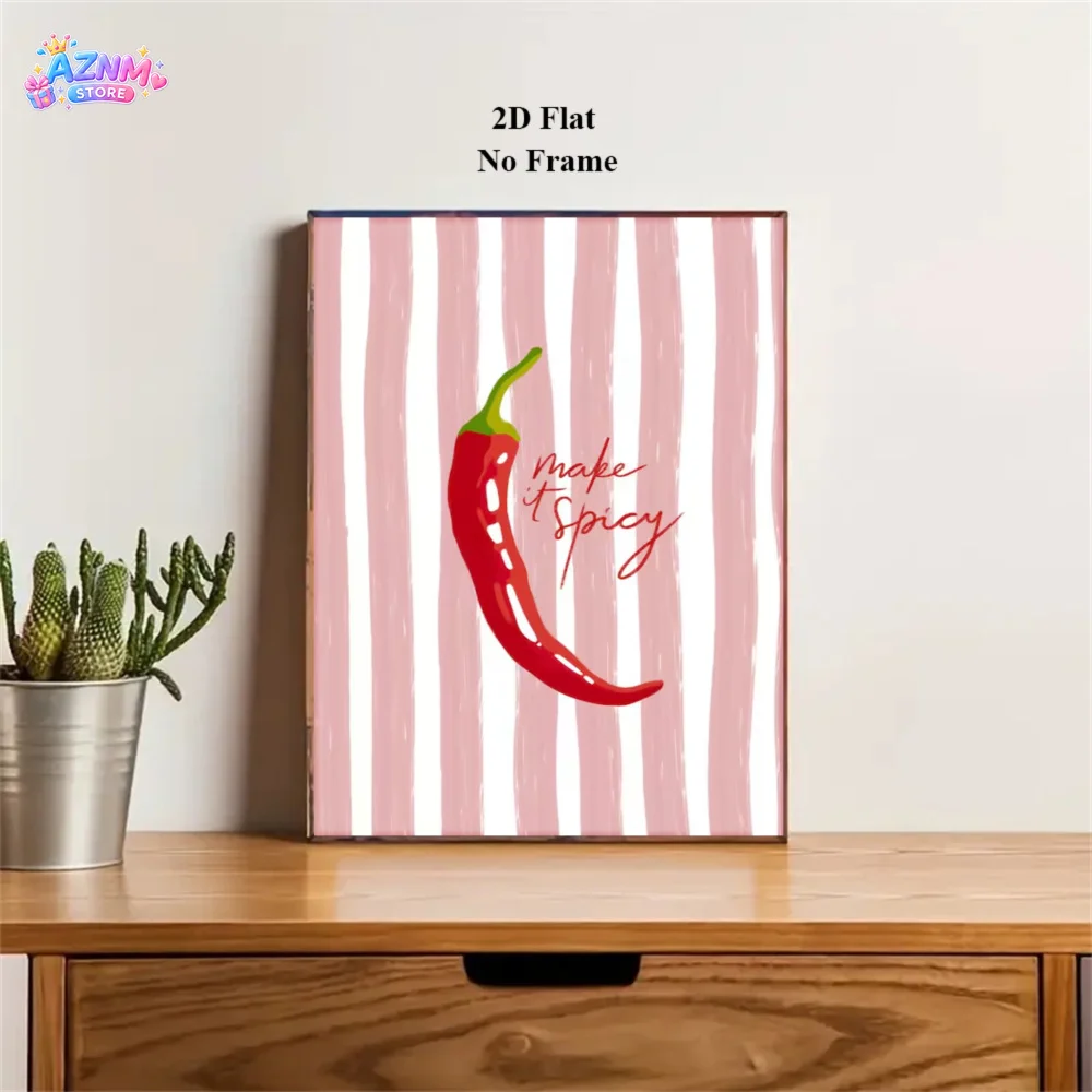 2D Flat, 2D Flat, 1pc Unframed 2D Flat Modern Fashion Red Chili Pepper Posters & Prints Pink And White Stripes Wall Art Make