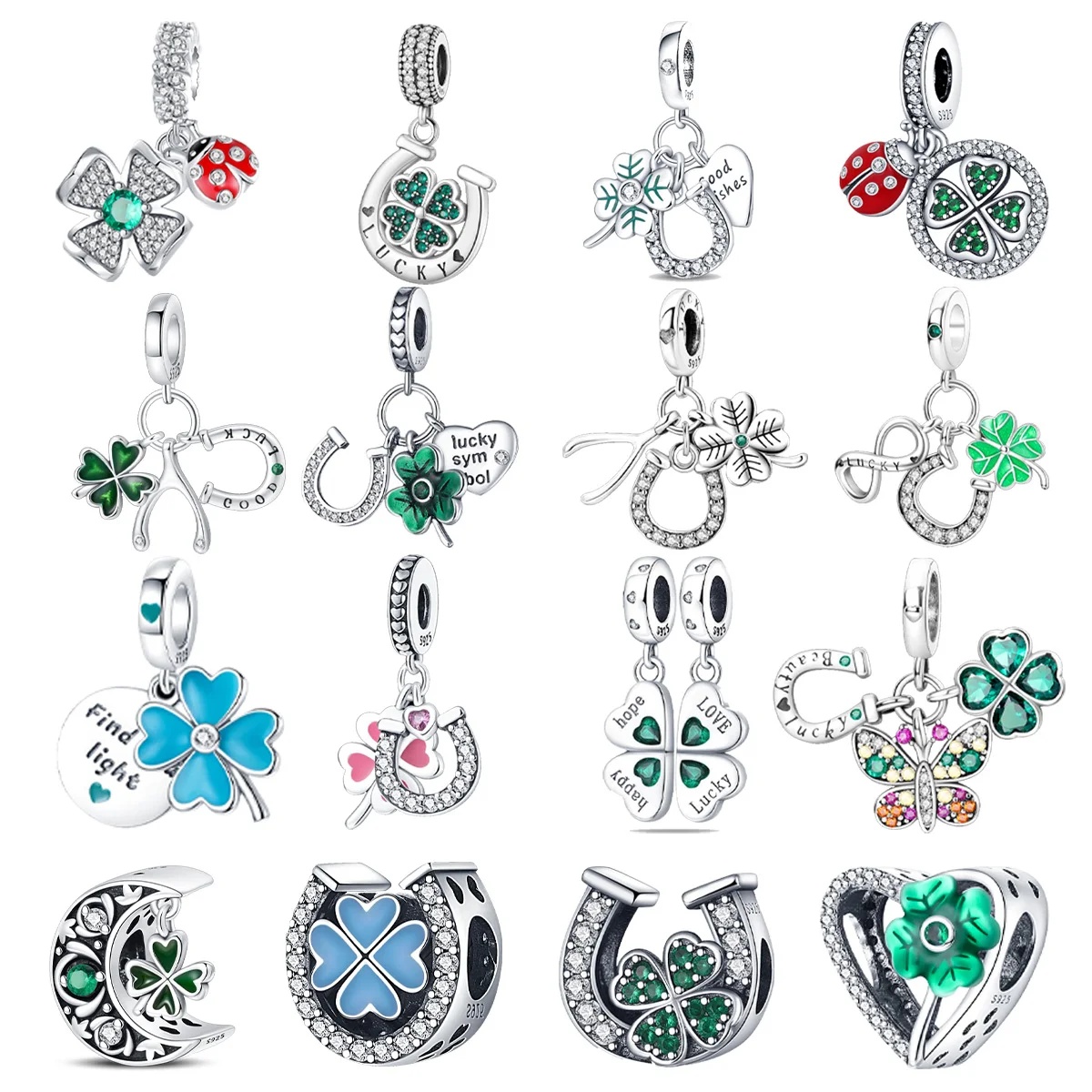 

925 Silver Green Four-leaf Clover Pink Pendant Fit Original Bracelet Charm Beads Necklace Diy Female Jewelry