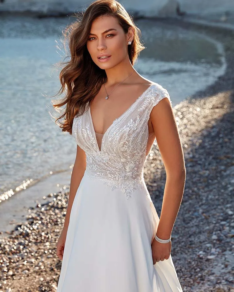 Praia vestido de casamento com decote em v apliques sem costas botão sem mangas vestido de noiva longo vestidos de casamento robe de mariee