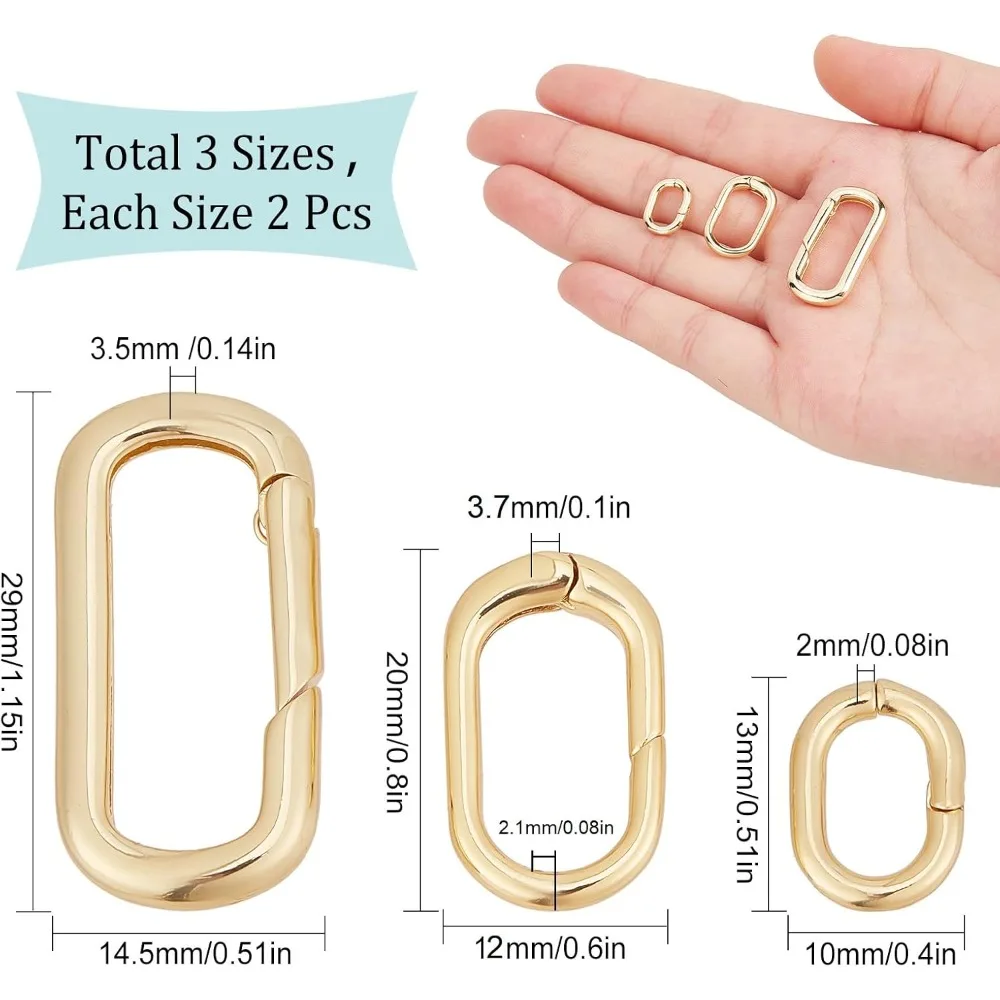 1 Box 6Pcs 3 Sizes Brass Oval Key Rings Spring Gate Ring Small 18k Gold Keychain Carabiner Lock Clasps Connector Fastener