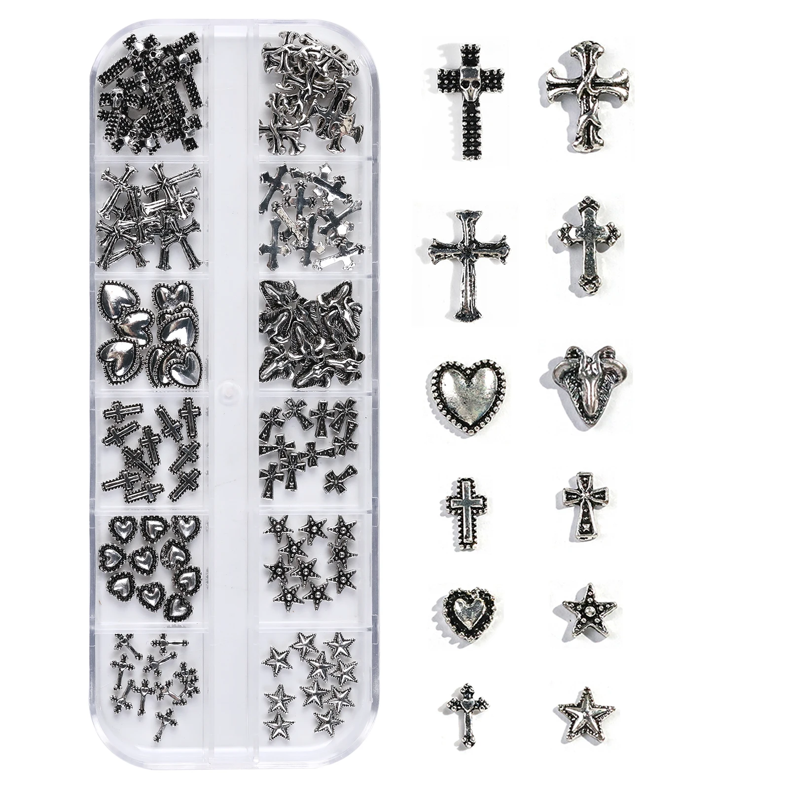120 sztuk / 1 pudełko Europejski amerykański ciemny styl vintage krzyżowa naszywka do paznokci y2k Premium Metal Style Heart Nail Metal Decorment Set
