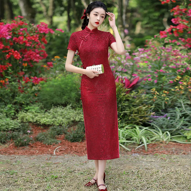 

Кружевное длинное платье Cheongsam 2024, красное банкетное тонкое платье с воротником-стойкой, повседневное китайское свадебное платье Qipao, традиционное азиатское платье