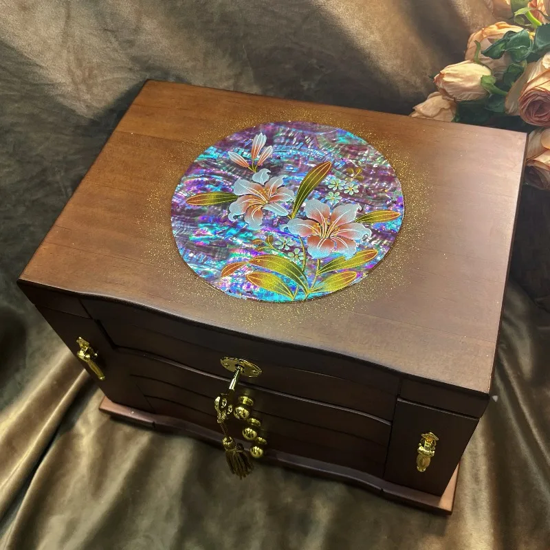 

Шкатулка для драгоценностей из цельного дерева Изысканный органайзер для ювелирных изделий Коробки Многослойные ожерелья Серьги Витрина с замком Коробка для хранения Подарок